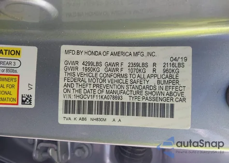 2019 Honda Accord Lx z USA, uszkodzony, nr VIN 1HGCV1F11KA078693